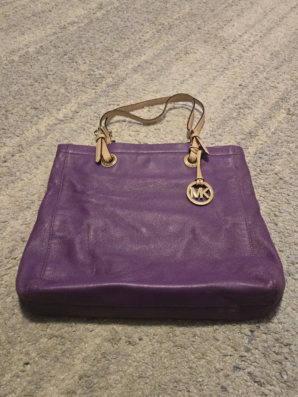 Michael Kors Purple Pebbled Leather Tote Bag Shoulder Purse MK Charm Large - Picture 2 of 11